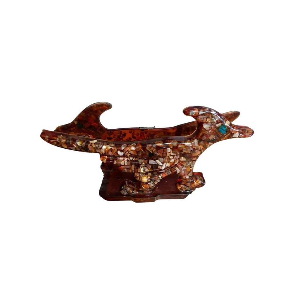 VTG Amber Lucite Roadrunner Napkin Holder Genuine Inlaid Wood MCM Retro Decor